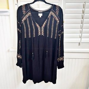 Knox Rose Black Embroidered Tassel Neckline Long Sleeve Boho Dress Size Large